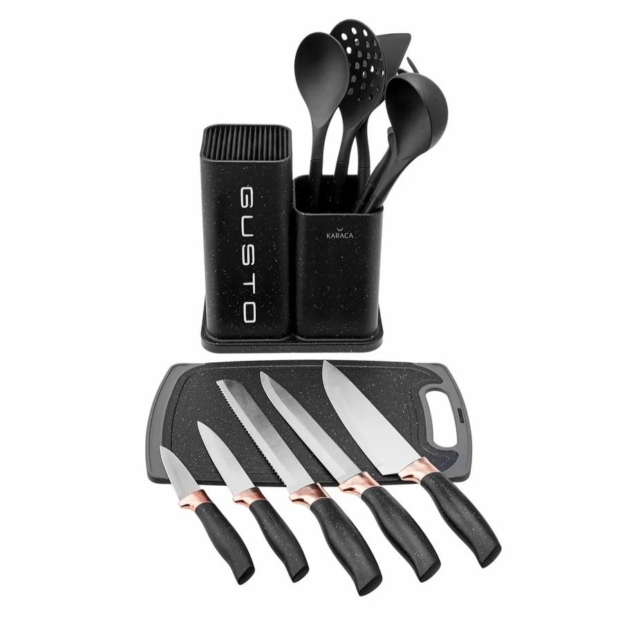 Knife Block Sets | Karaca Karaca Gusto 10 Piece Knife Block Set, Chopping Board And Kitchen Utensil Set, Black