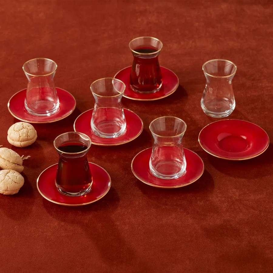 Turkish Tea Sets | Karaca Karaca Retro 12 Piece Glass Turkish Tea Set For 6 People, 132Ml, Red Gold