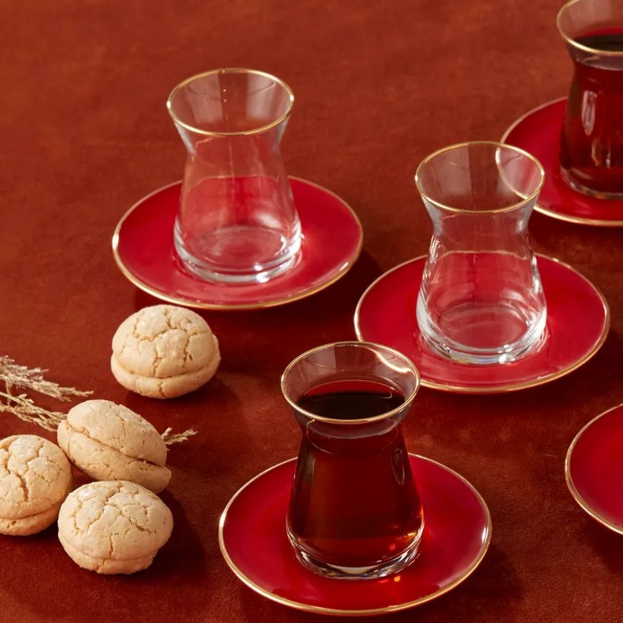 Turkish Tea Sets | Karaca Karaca Retro 12 Piece Glass Turkish Tea Set For 6 People, 132Ml, Red Gold