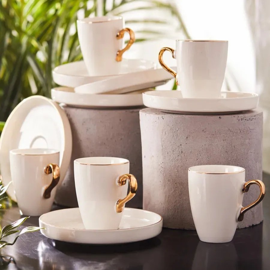 Espresso&Turkish Coffee Cup Sets | Karaca Karaca Pippo 12 Piece Porcelain Espresso Turkish Coffee Cup Set For 6 People, 75Ml, White Gold