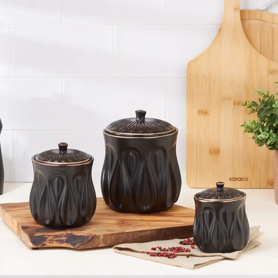 Spice Jars | Karaca Karaca Rift 3 Piece Porcelain Spice Jar, Black Gold