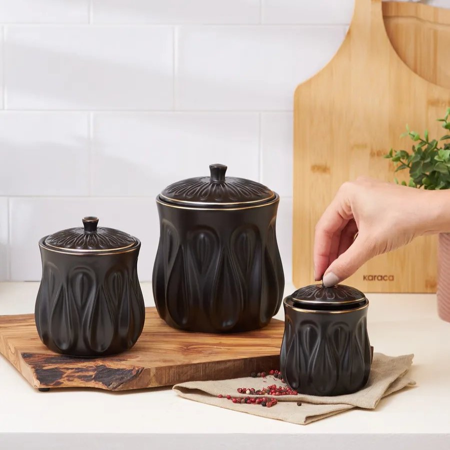 Spice Jars | Karaca Karaca Rift 3 Piece Porcelain Spice Jar, Black Gold