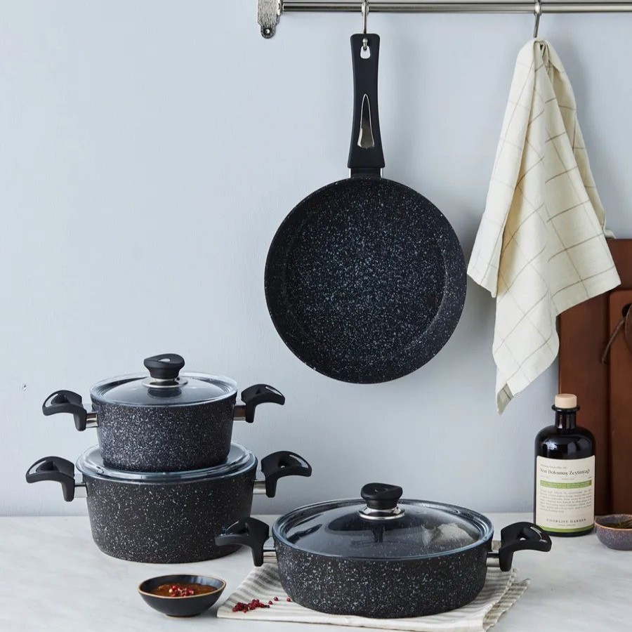 Biogranite Cookware Sets | Karaca Karaca Defne Biogranite 7-Piece Non-Stick Cookware Set, Black Grey