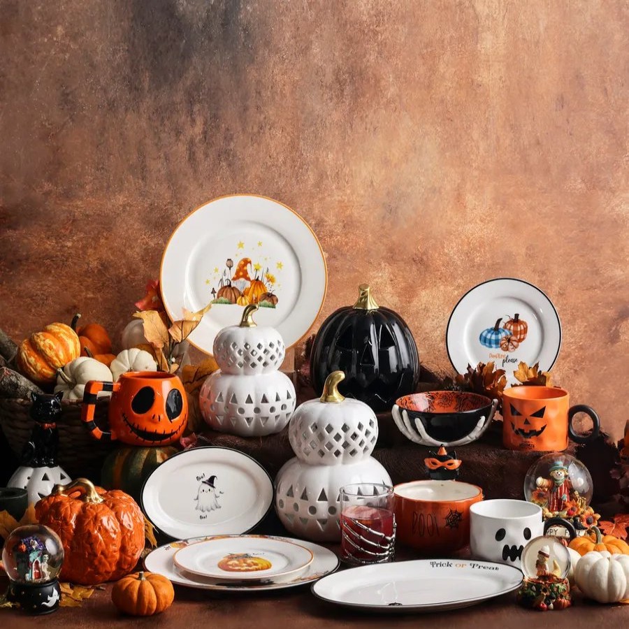 Serving Platters | Karaca Karaca Halloween Pumpkin Porcelain Serving Platter, 20Cm, White Multi