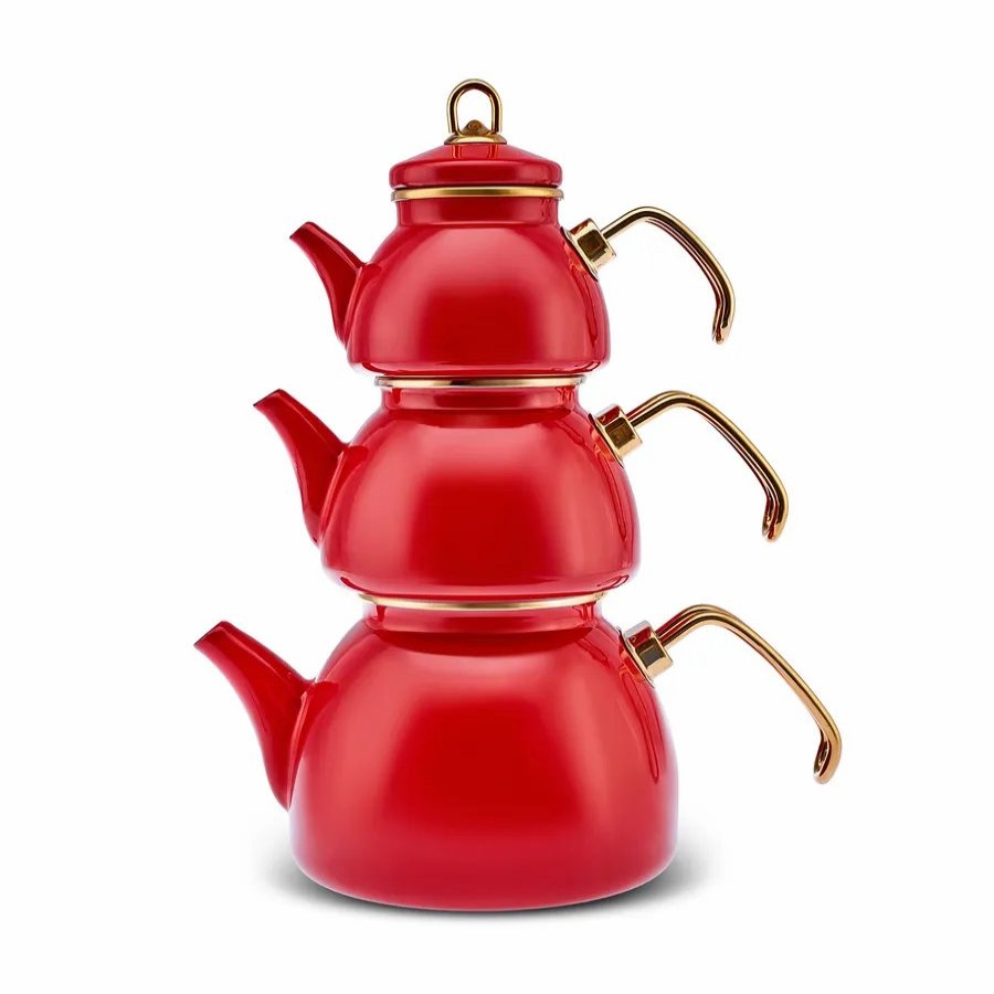 Turkish Teapots | Karaca Karaca Retro 3-Piece Enamel Induction Teapot Set, Red