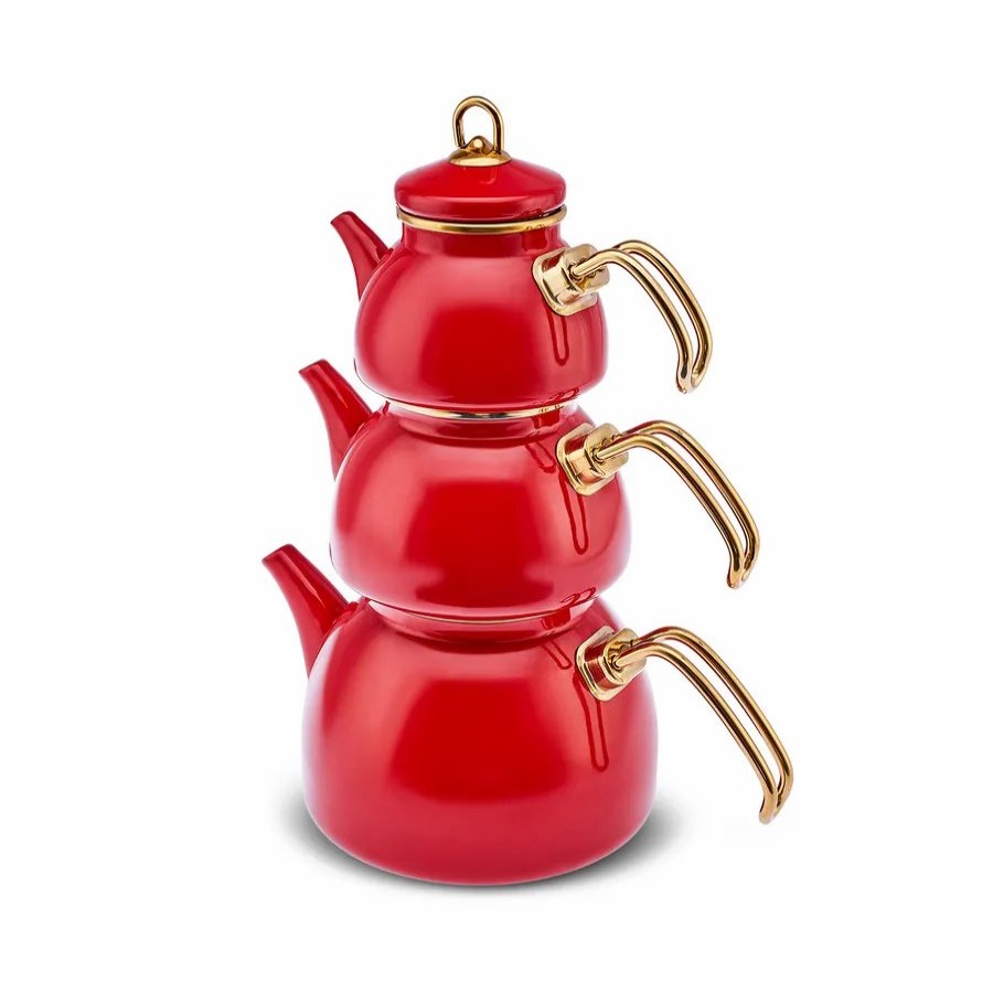 Turkish Teapots | Karaca Karaca Retro 3-Piece Enamel Induction Teapot Set, Red