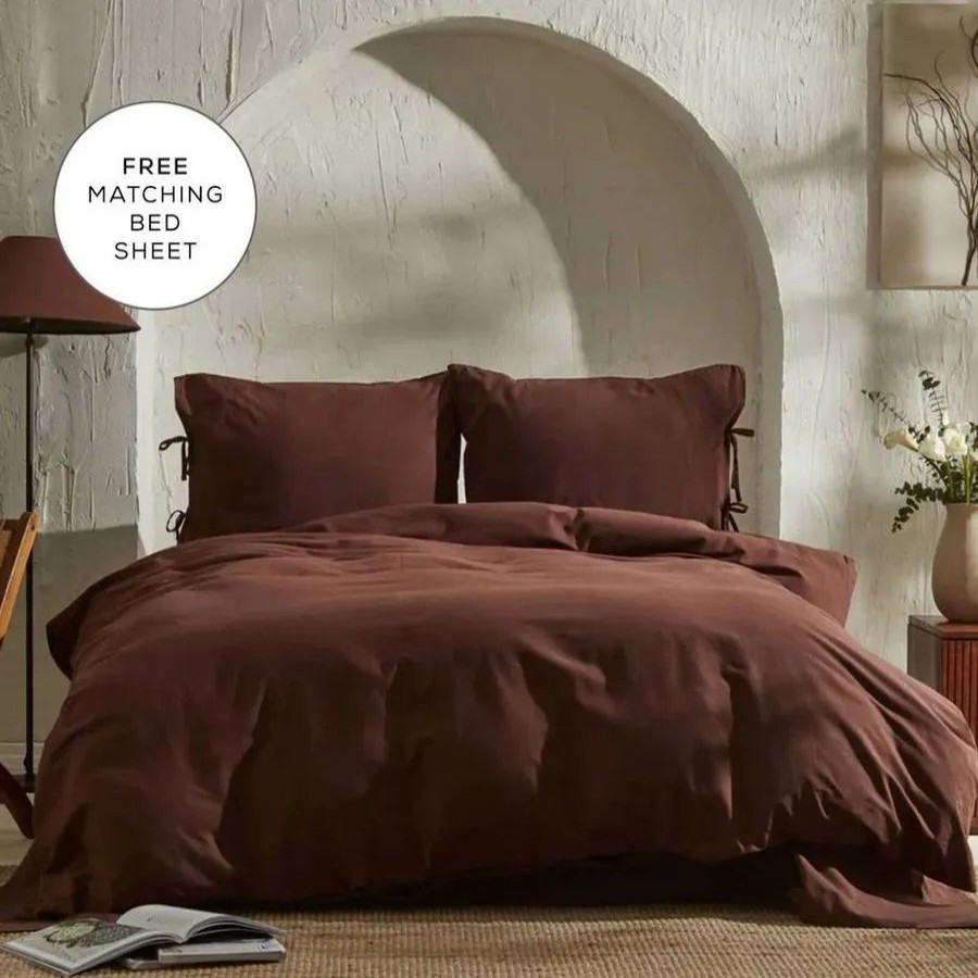 Duvet Cover Sets | Karaca Home Karaca Home 4 Elements 100% Turkish Cotton Duvet Cover Set With Bed Sheet, Double, Dark Brown