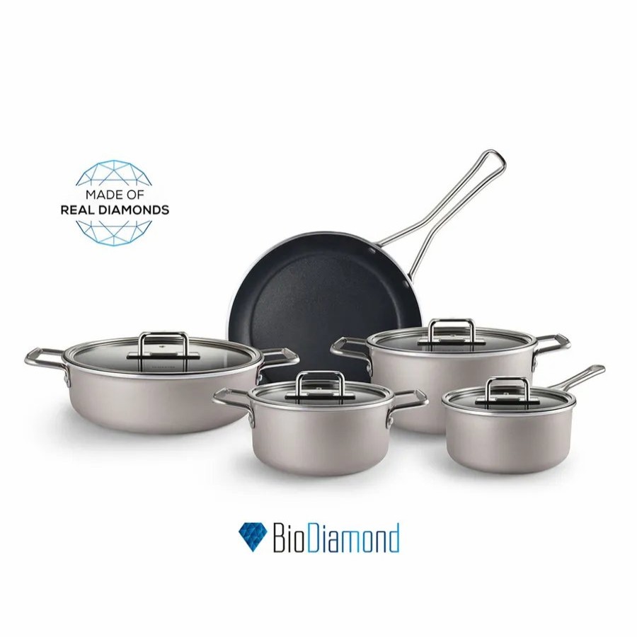 Biodiamond Cookware Sets | Karaca Karaca Mastermaid Biodiamond 9-Piece Non-Stick Cookware Set, Beige Silver