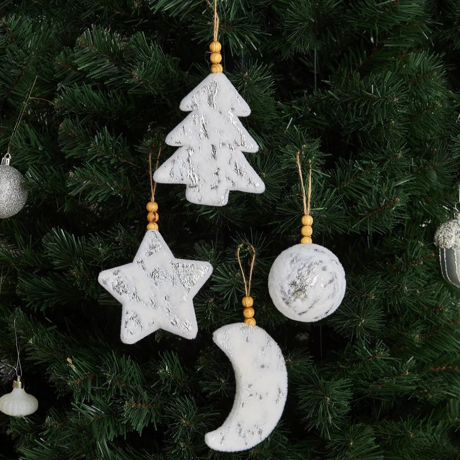 Ornaments | Karaca Home Karaca Home New Year Christmas Puffy Tree Decoration Set, 4 Piece, 8Cm, White Gold