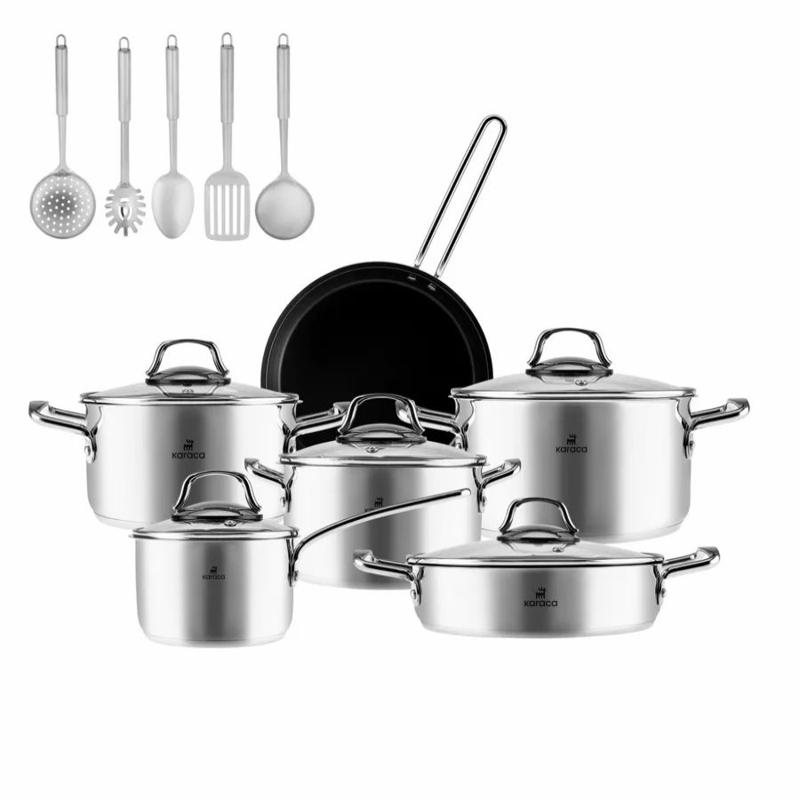 Stainless Steel Cookware Sets | Karaca Karaca Sophia 16-Piece Stainless Steel Cookware Set With Kitchen Utensil Set, Silver