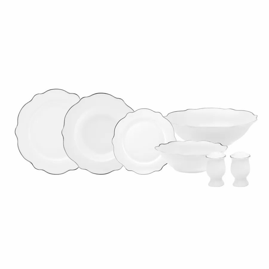 New Generation Bone China Dinner Sets | Karaca Karaca Daisy 27-Piece New Generation Bone China Dinner Set With Serving Bowl For 6 People, White Platinum