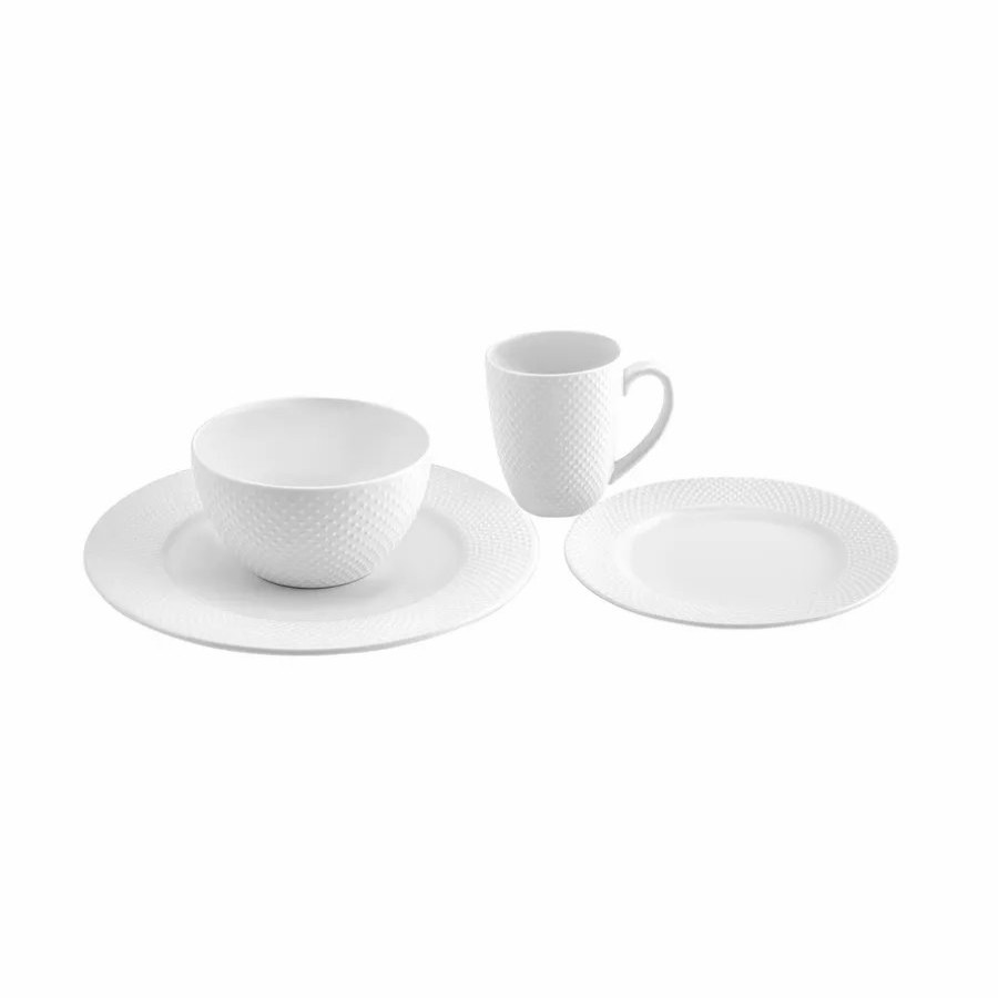 New Generation Bone China Dinner Sets | Karaca Karaca Punto Embossed 16-Piece New Generation Bone China Dinner Set For 4 People, White