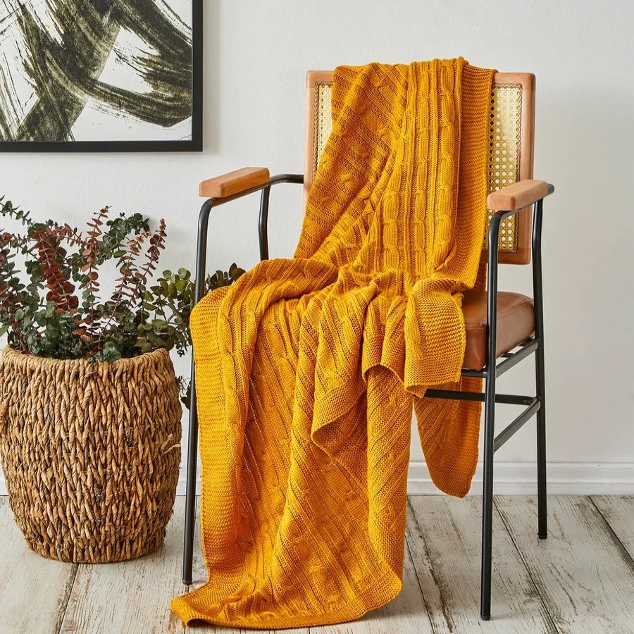 Throws & Blankets | Karaca Home Karaca Home Cable Knit Throw, 130Cmx170Cm, Mustard