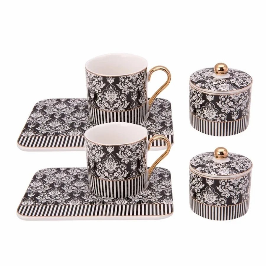 Espresso&Turkish Coffee Cup Sets | Karaca Karaca Queen 5 Piece Porcelain Espresso Turkish Coffee Cup Set For 2 People With Candy Bowl, 90Ml, Black White Gold