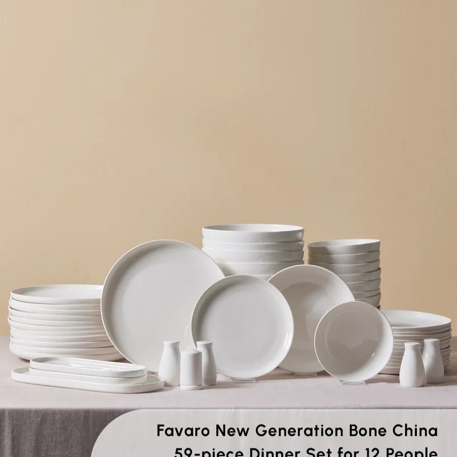 New Generation Bone China Dinner Sets | Karaca Karaca Favaro 56-Piece New Generation Bone China Dinner Set For 12 People, White