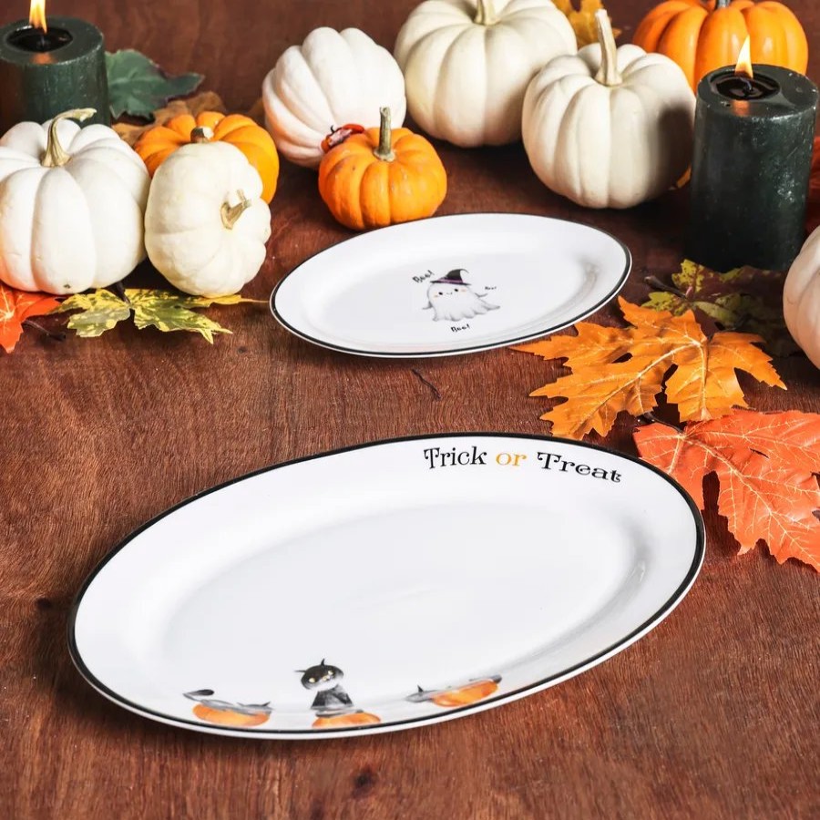 Serving Platters | Karaca Karaca Halloween Cat Pumpkin Porcelain Serving Platter, 30Cm, White Multi