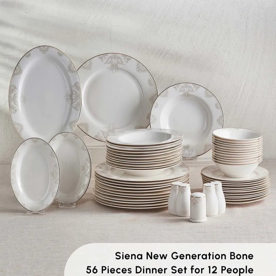 New Generation Bone China Dinner Sets | Karaca Karaca Siena 56-Piece New Generation Bone China Dinner Set For 12 People, Gold White