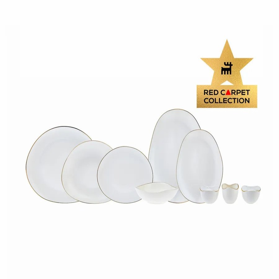 New Generation Bone China Dinner Sets | Karaca Karaca Red Carpet Collection Streamline Middle 56-Piece New Generation Bone China Dinner Set For 12 People, Gold White