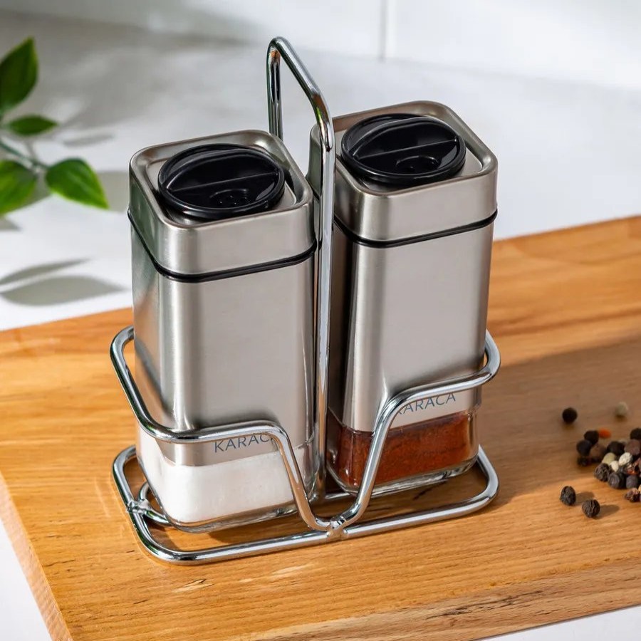 Salt And Pepper Shakers | Karaca Karaca Avangart 2 Piece Glass Salt And Pepper Shaker With Stand, 100Ml, Inox Transparent