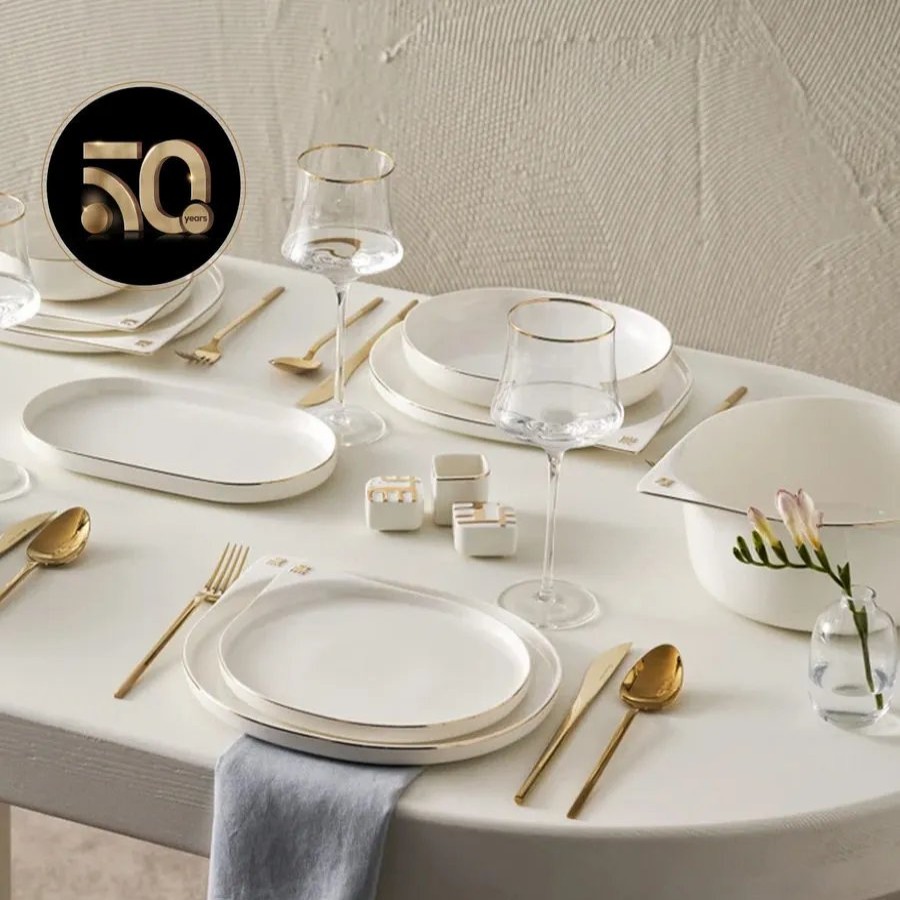 New Generation Bone China Dinner Sets | Karaca Karaca 50Th Anniversary Collection Streamline 59-Piece New Generation Bone China Dinner Set For 12 People, White Gold