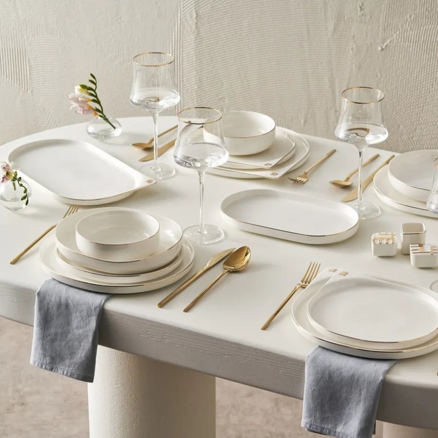 New Generation Bone China Dinner Sets | Karaca Karaca 50Th Anniversary Collection Streamline 59-Piece New Generation Bone China Dinner Set For 12 People, White Gold