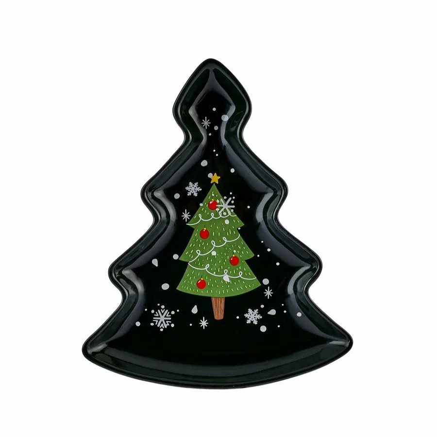 Decorative Plates | Karaca Karaca New Year Christmas New Generation Bone Golden Line Christmas Tree Decorative Plate, 21Cm, Black Green