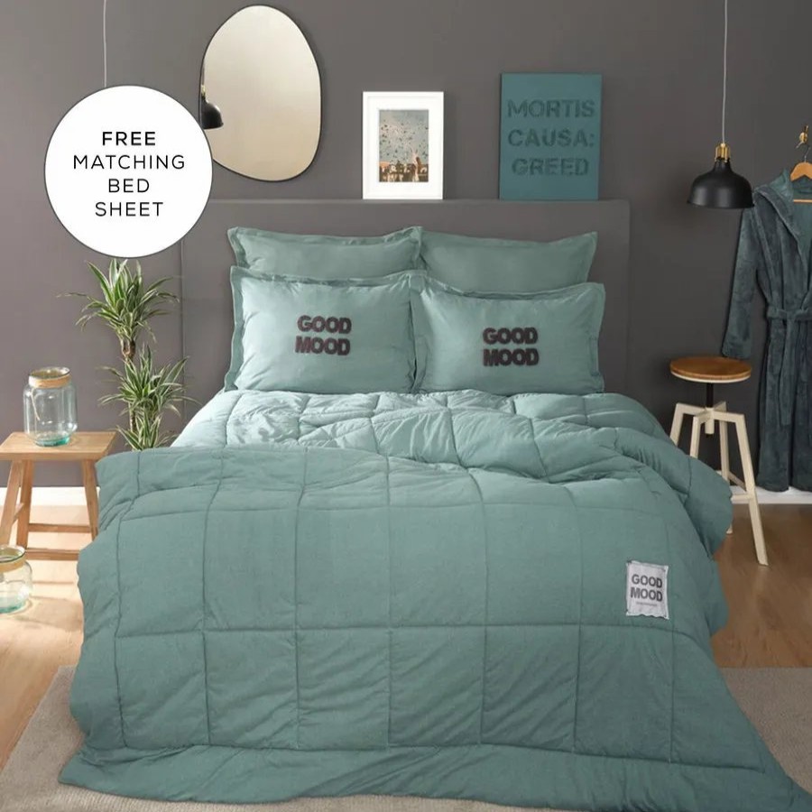 Duvets | Karaca Home Karaca Home Motto Cotton Comfort Duvet Set With Bed Sheet, Single, Green