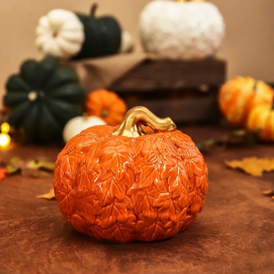 Ornaments | Karaca Karaca Halloween Pumpkin Ceramic Decorative Trinket, 17Cm, Orange Gold