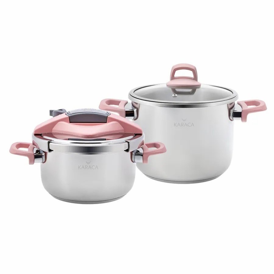 Induction Cookware | Karaca Karaca Perfect 2-Piece Stainless Steel Induction Pressure Cooker Set, 4L+6L, Pink Silver