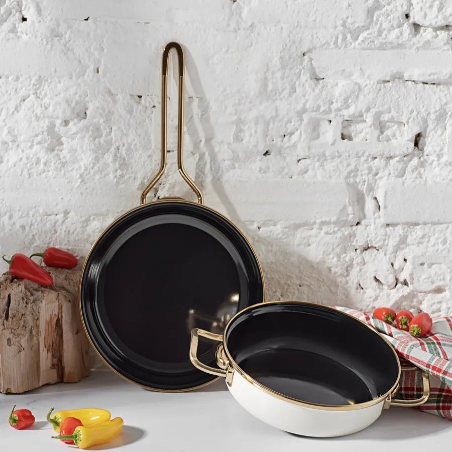 Pan Sets | Karaca Karaca Retro 2-Piece Enamel Induction Pan Set, Cream Gold