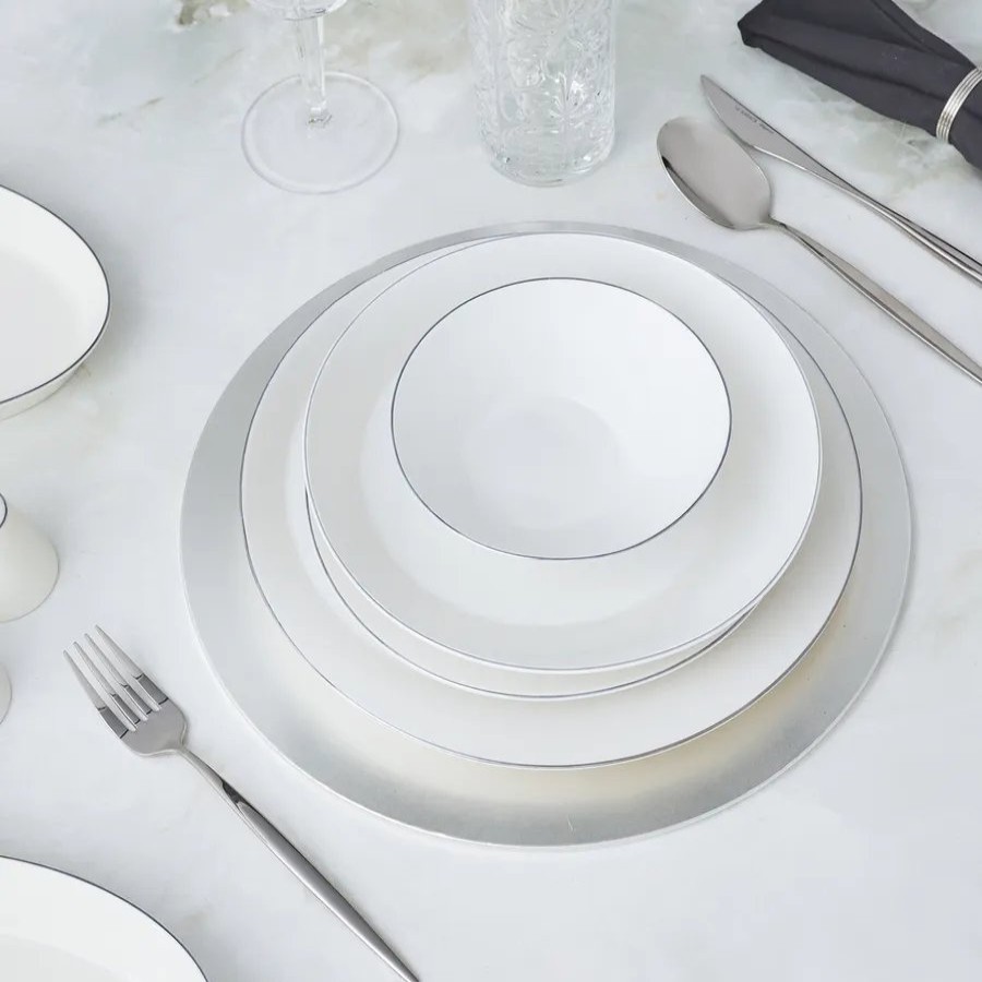 New Generation Bone China Dinner Sets | Karaca Karaca X Hussein Chalayan Streamline Sun Path 59-Piece New Generation Bone China Dinner Set For 12 People, White Platinum