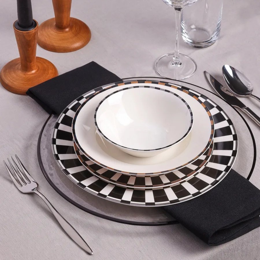 New Generation Bone China Dinner Sets | Karaca Karaca Aries 24-Piece New Generation Bone China Dinner Set For 6 People, Black White