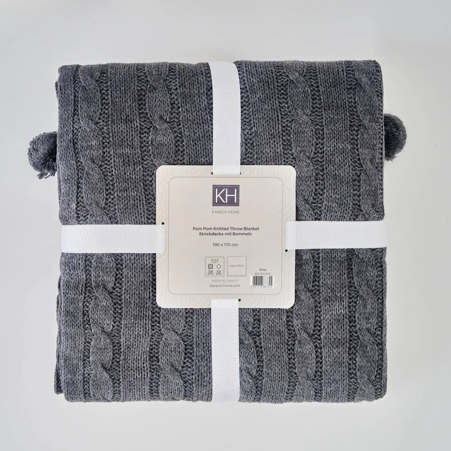 Throws & Blankets | Karaca Home Karaca Home Pompom Cable Knit Throw, 130Cmx170Cm, Grey