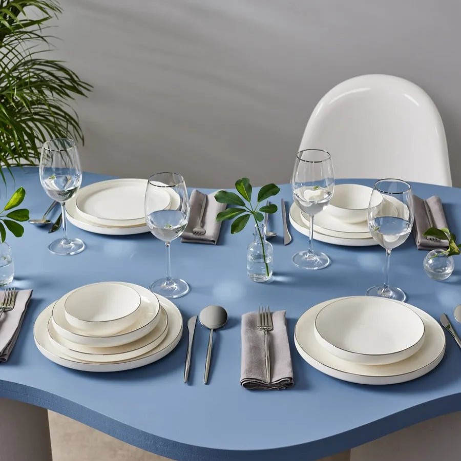 New Generation Bone China Dinner Sets | Karaca Karaca Streamline New Saturn 24-Piece New Generation Bone China Dinner Set For 6 People, White Platinum