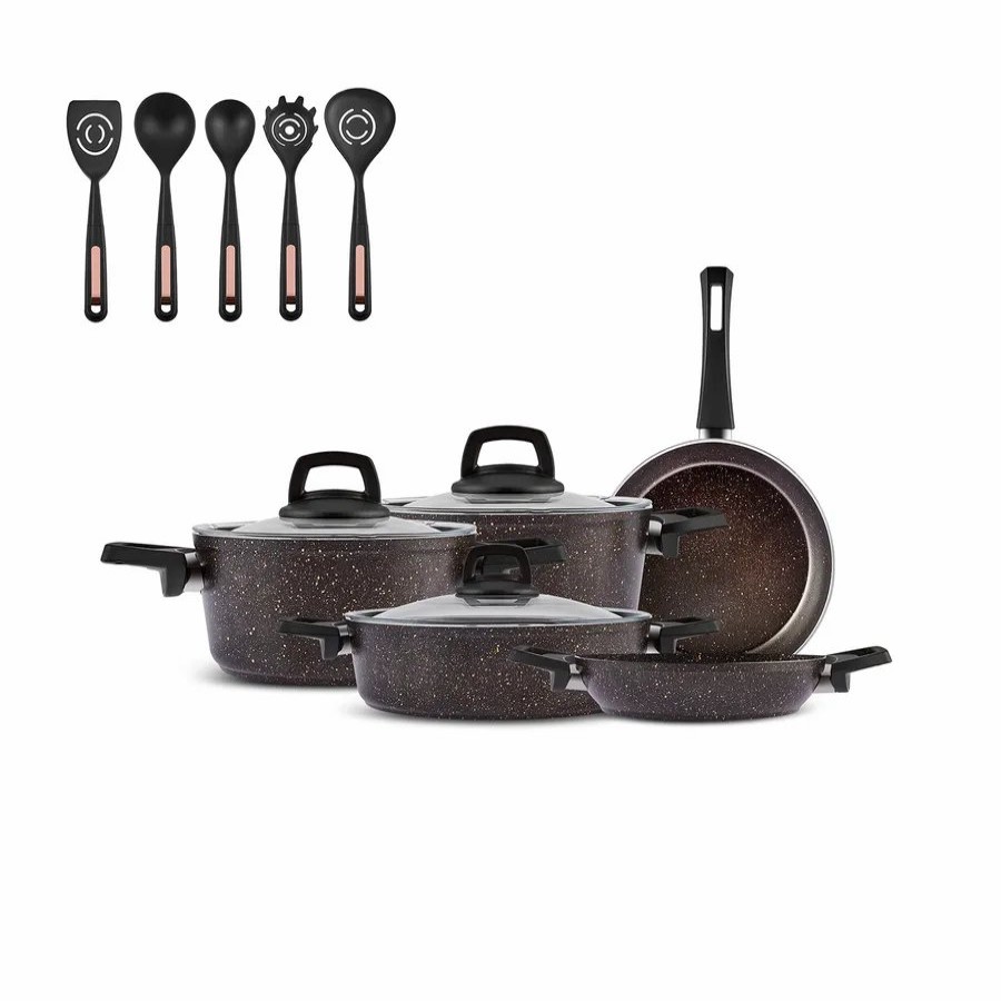 Induction Cookware | Karaca Karaca Biogranite Black Gold 13-Piece, Induction Cookware Set With Kitchen Utensil Set, Black Gold