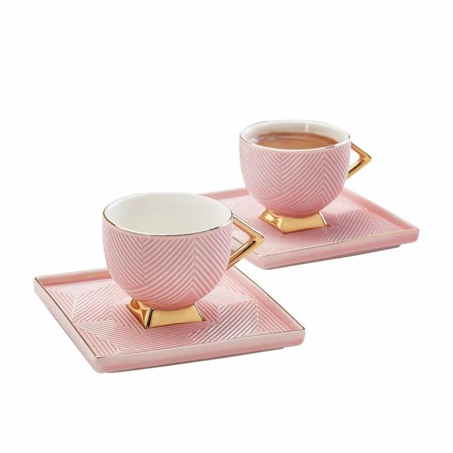 Espresso&Turkish Coffee Cup Sets | Karaca Karaca Art Deco 4 Piece Porcelain Espresso Turkish Coffee Cup Set For 2 People, 80Ml, Pink Gold