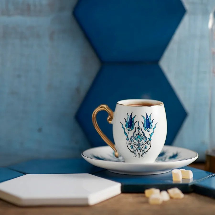 Espresso&Turkish Coffee Cup Sets | Karaca Karaca Iznik 4 Piece Porcelain Espresso Turkish Coffee Cup Set For 2 People, 80Ml, White Blue