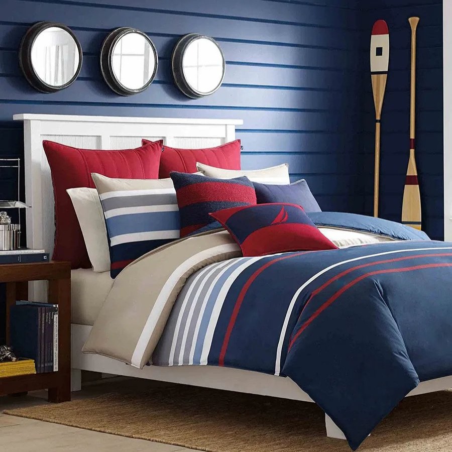 Duvet Cover Sets | Nautica Home Nautica Bradford 100% Turkish Cotton Duvet Cover Set, Single, 140Cmx200Cm, Navy Blue Multi