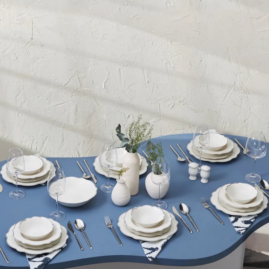 New Generation Bone China Dinner Sets | Karaca Karaca Daisy 27-Piece New Generation Bone China Dinner Set With Serving Platter For 6 People, White Platinum