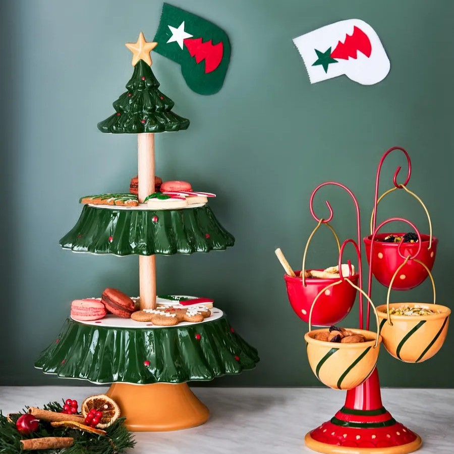 Serving Platters | Karaca Karaca New Year Christmas Tree Ceramic 3-Tier Cake Stand, 44Cm, Multi