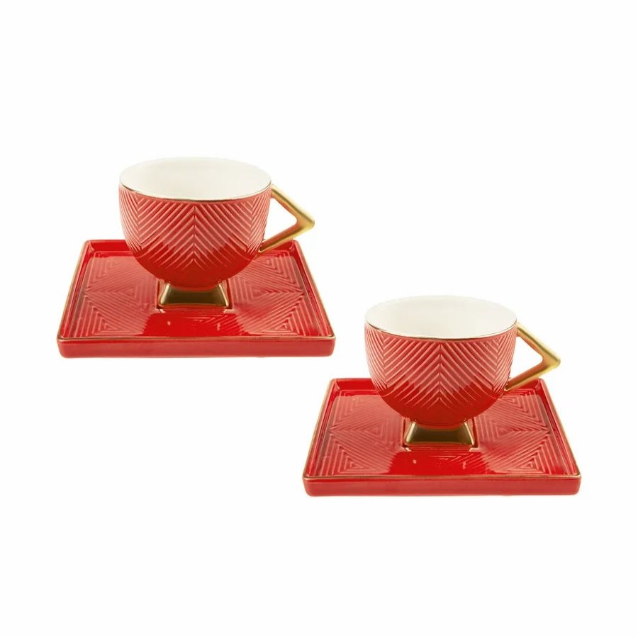 Espresso&Turkish Coffee Cup Sets | Karaca Karaca Art Deco 4 Piece Porcelain Espresso Turkish Coffee Cup For 2 People, 90Ml, Red