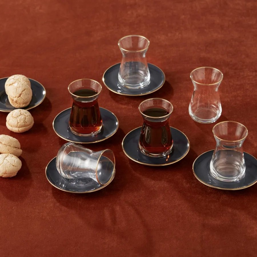 Turkish Tea Sets | Karaca Karaca Retro 12 Piece Glass Turkish Tea Set For 6 People, 50Ml, Anthracite Gold