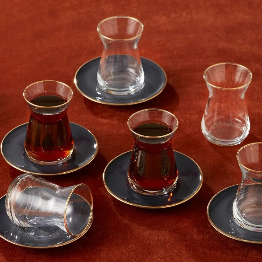 Turkish Tea Sets | Karaca Karaca Retro 12 Piece Glass Turkish Tea Set For 6 People, 50Ml, Anthracite Gold