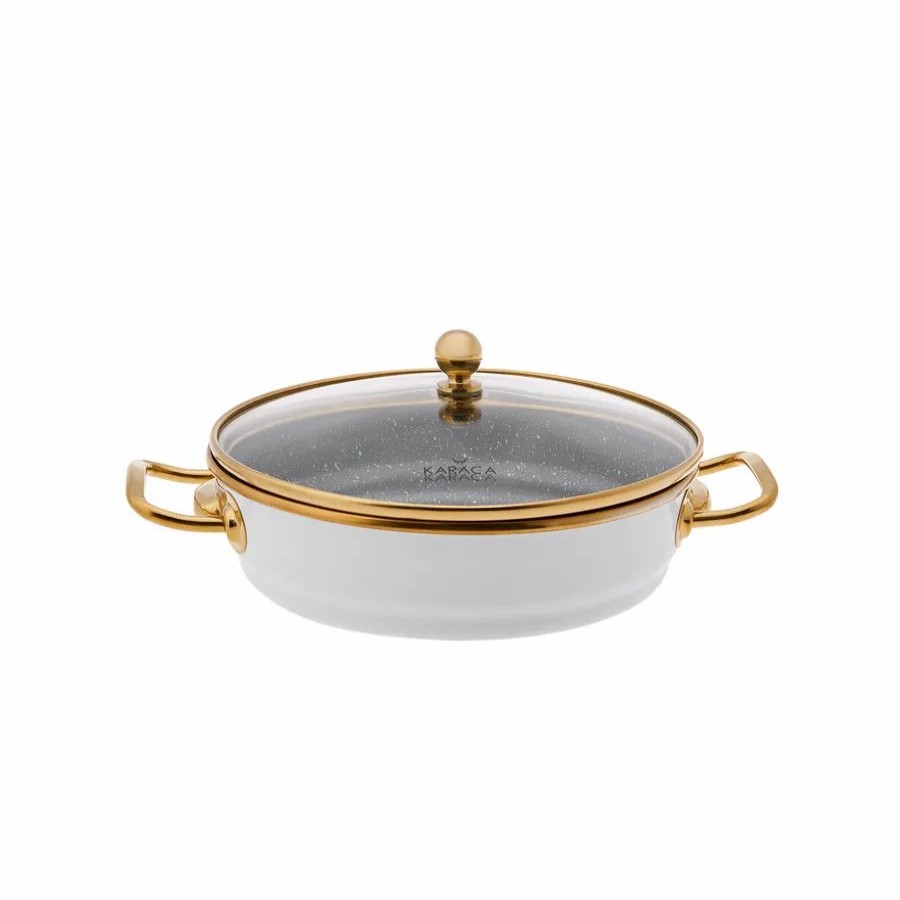 Pans | Karaca Karaca Troy Enamel Induction Shallow Stock Pot With Lid, 20Cm, White Gold