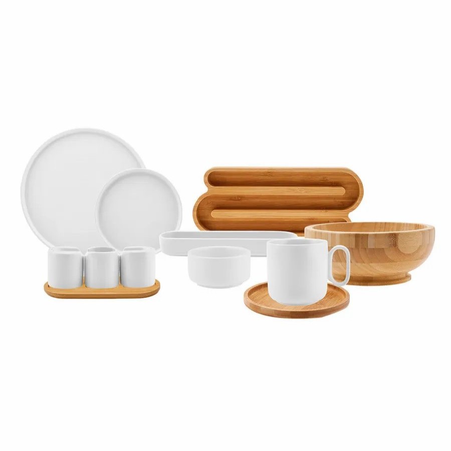 Porcelain Breakfast Sets | Karaca Karaca Surface 32 Piece Porcelain Breakfast Serveware Set For 6 People, White Brown