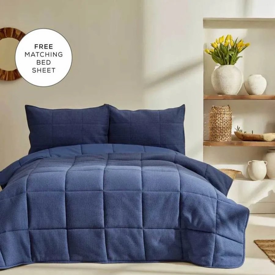 Bedspreads | Karaca Home Karaca Home Muse Spring Comfort 100% Turkish Cotton Bedspread Set With Bed Sheet, Double, Navy Blue